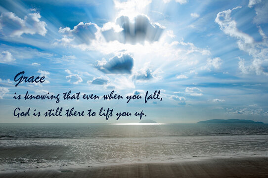Grace themed image displaying a peaceful sky scene with inspirational words about kindness, gratitude, and spiritual comfort.