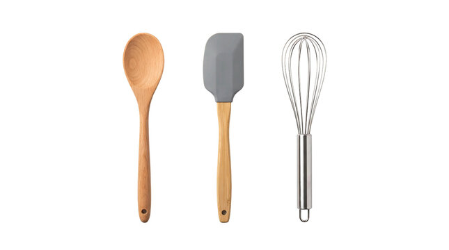 utensils three wood gray silver transparent background set collection isolated Three kitchen tools include a wooden spoon silicone spatula and metal whisk for for product catalogs and advertising