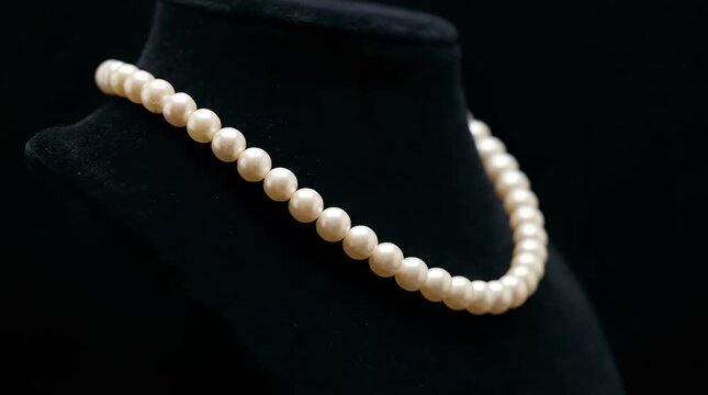 White pearl necklace on black display stand