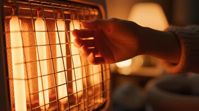 Cozy Warmth: Person warming hands in front of a glowing electric space heater, ideal for winter comfort and energy efficiency concepts.