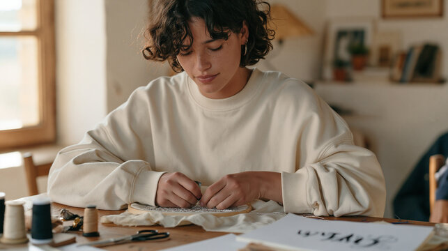 Hand embroiderer works silver thread through a fabric hoop in a barren rural studio space, the abandoned room holding only a single symbolic still life of spooled threads,
