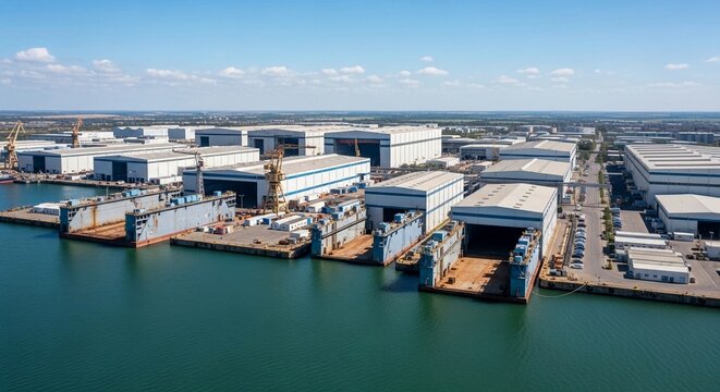 Aerial view of a vast maritime engineering shipyard with dry docks and industrial buildings under a clear blue sky.