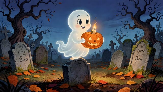 Halloween: piccolo fantasma carino e gentile in un cimitero di notte con una zucca illuminata