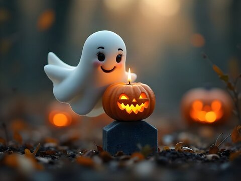 Halloween: piccolo fantasma carino e gentile in un cimitero di notte con una zucca illuminata