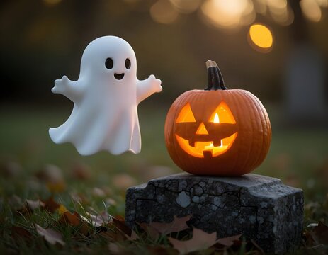 Halloween: piccolo fantasma carino e gentile in un cimitero di notte con una zucca illuminata