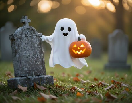 Halloween: piccolo fantasma carino e gentile in un cimitero di notte con una zucca illuminata