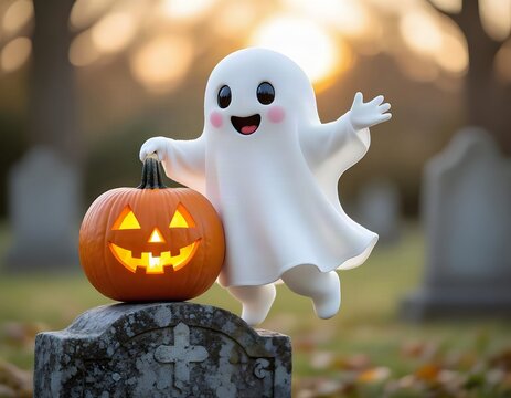 Halloween: piccolo fantasma carino e gentile in un cimitero di notte con una zucca illuminata