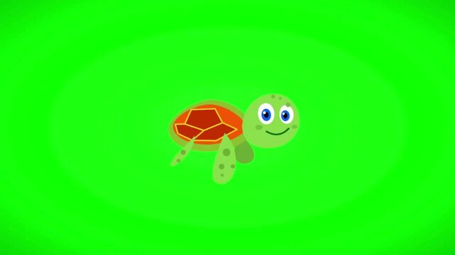 Cute cartoon turtle character smiling with a vibrant green body and orange shell isolated on a green screen for easy compositing in childrens animation or educational content