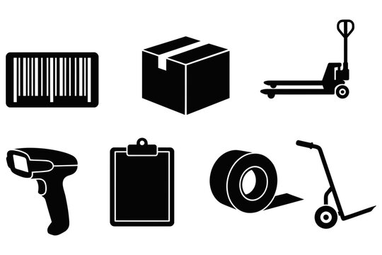 Logistics and supply chain icons including barcode scanner box and pallet jack