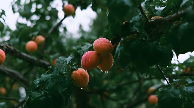 Refreshing apricots glistening softly under gentle rain a tranquil summer scene evokes peaceful moments