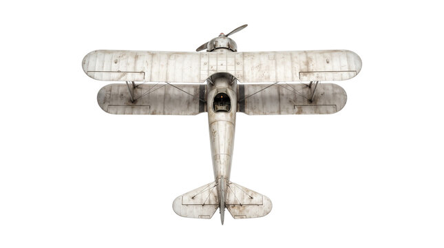Vintage biplane top view, antique silver metal airplane on white background, classic aviation aircraft model, retro flight history icon