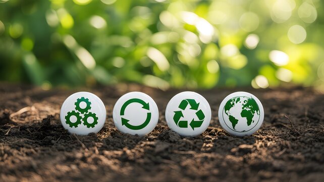 Sustainable environmental icons on white stones in soil, green recycling and ecology symbols for corporate social responsibility, earth day and renewable energy concept for global conservation.