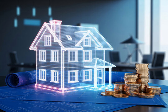 Digital wireframe house model on blueprints next to stacks of gold coins for real estate investment