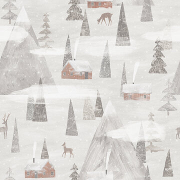 Hand drawn seamless pattern, background with deer, winter forest landscape, mountains and red houses. Unique hand drawn texture. Perfect for cards, invitations, wallpaper, banners, kindergarten, baby.