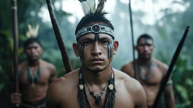 Indigenous warrior stands with tribal group in deep jungle, bearing traditional face paint, fierce gaze, watchful presence, representing ancient cultural heritage, strong community protection.