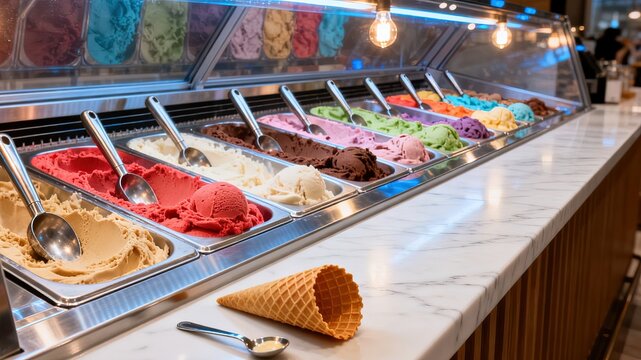 View from behind artisan ice cream shop counter, stainless steel display freezer with rows of colorful ice cream tubs, metal scoops, white marble counter foreground with waffle cone, warm Edison bulb 