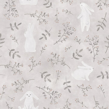 Vintage pattern. Cute bunnies in a snowy meadow. Watercolor background.