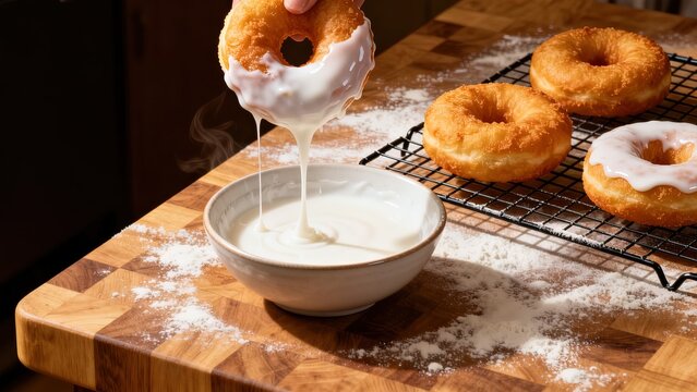Fresh golden donut being dipped into white vanilla icing glaze, captured mid-lift with thick glaze dripping and stretching, half-coated contrast, wire cooling rack with glazed donuts, flour-dusted but