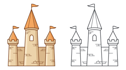 Fototapeta premium Medieval Castle Fortress Vector Set Featuring Colored Graphic and Black Line Art Icon for Game Design