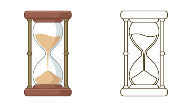 Classic hourglass timer vector illustration showing flowing sand beside minimal outline design element