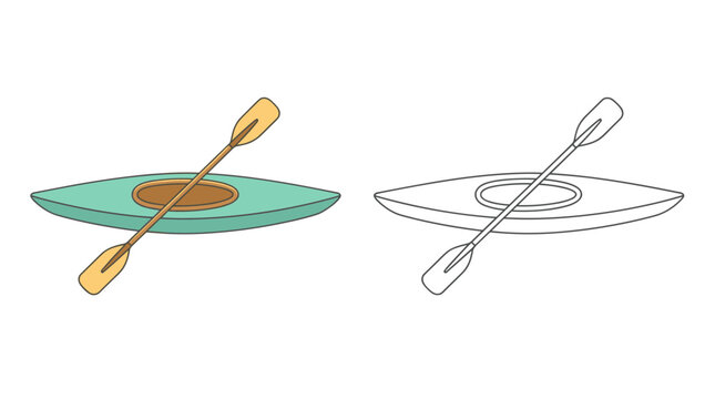 Kayak boat with wooden paddle vector icon illustration featuring colorful flat style and line art outline page