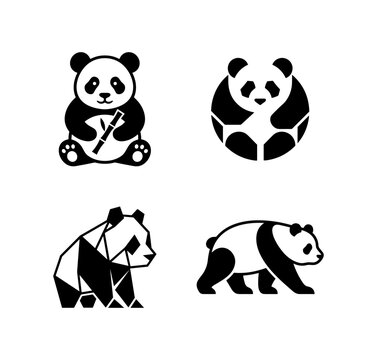 Giant panda bear vector icon set presenting cute bamboo eating geometric walking line art graphic logos