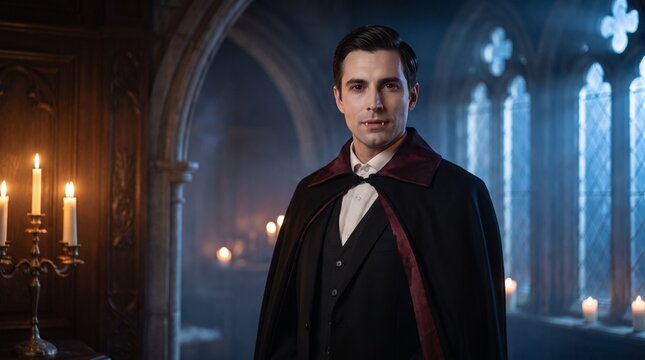 Vampire or count dracula in vintage gothic setting with candlelight ambiance