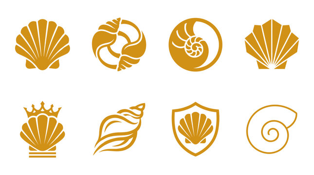 Golden seashell logo icons and stylized sea shell elements for beach resort, spa, and seafood brand design