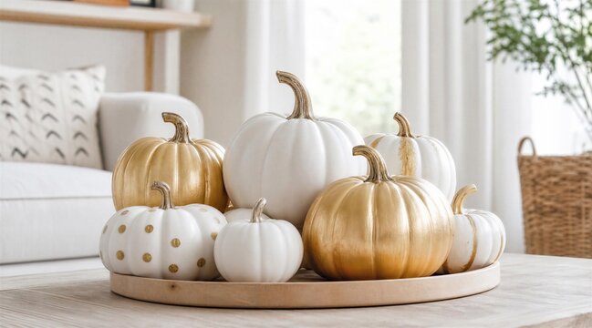 Elegant White and Gold Decorative Pumpkins on Wooden Tray