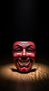 Sinister Red Mask with a Wide, Menacing Grin on Wooden Surface.