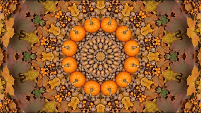 Abstract autumn kaleidoscope animation featuring rotating pumpkins and autumn leaves