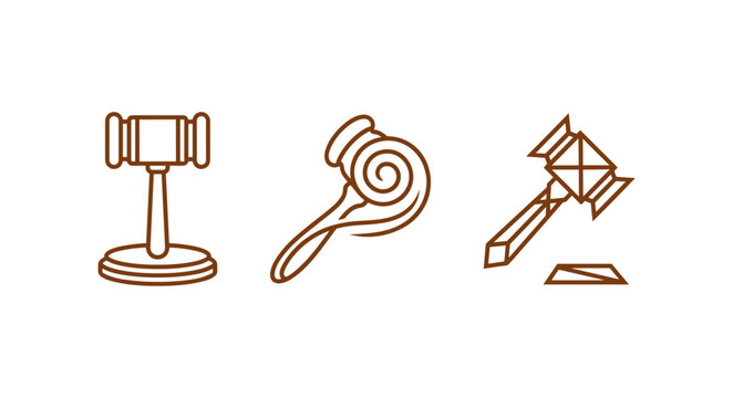 Judge gavel vector line icon set representing legal system law justice court authority and auction bidding