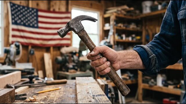 Close-up of a male carpenter holding a vintage claw hammer in a rustic woodworking workshop with an American flag.