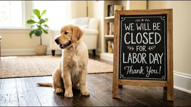 Golden Retriever Puppy Sits Next to a Closed for Labor Day Sign