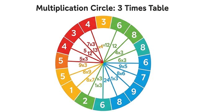 Multiplication circle diagram for 3 times table.