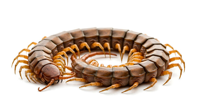 Large brown centipede curled in a circle isolated on white background, detailed view of arthropod legs and segmented body