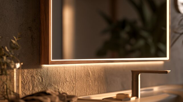Modern luxury bathroom interior with backlit mirror and minimalist faucet.