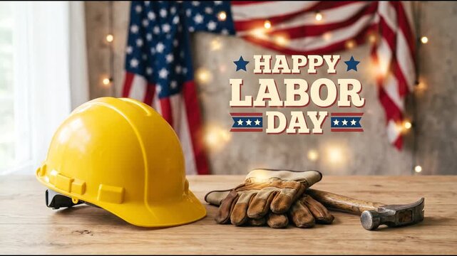 Happy Labor Day concept with yellow hard hat, work gloves, and hammer on wooden table against American flag.