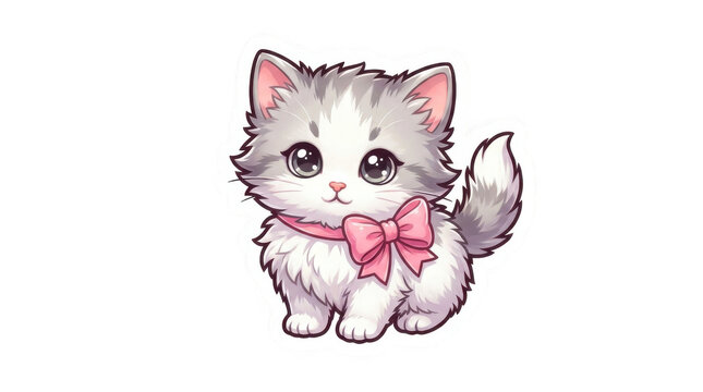 Cute fluffy white and grey kitten sticker with pink bow collar