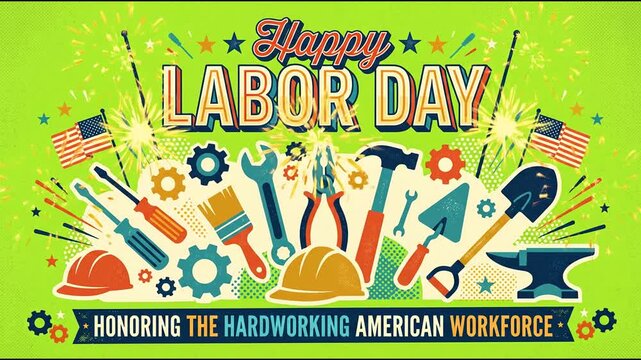 Labor Day greeting card with tools and American flags on green background