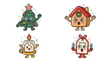 Fototapeta premium Set of cute Christmas characters including a tree house candle and gift tag.