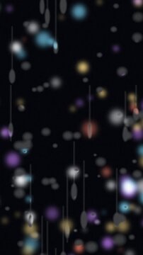 Blurred colorful bokeh lights on black background. 2d animation