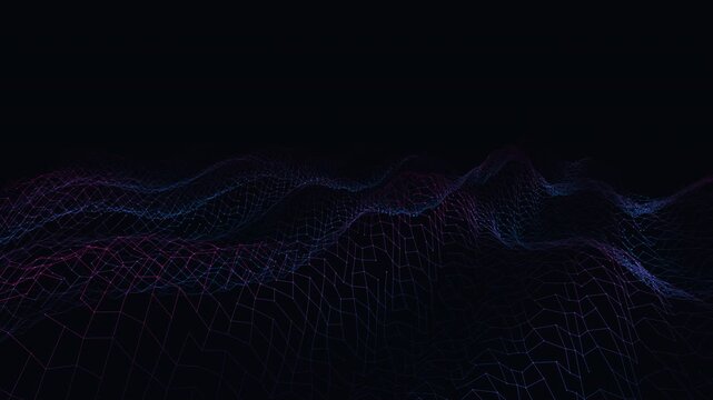 Glowing neural network of connected data nodes evolving through layered computational topographies and volumetric hubs in a seamless technology motion background