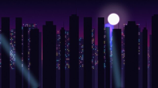 Silhouetted cityscape with moon and lights. 2d animation