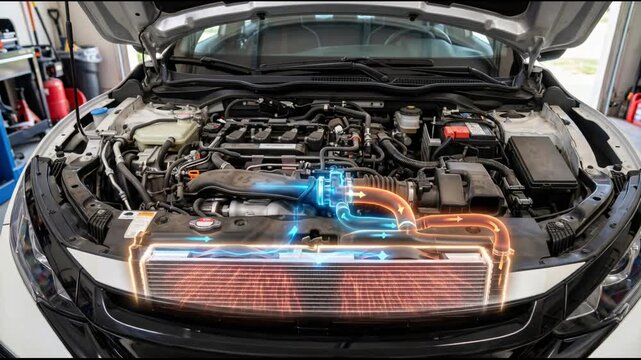 Car engine view with cooling system and mechanical parts shown in a garage setting