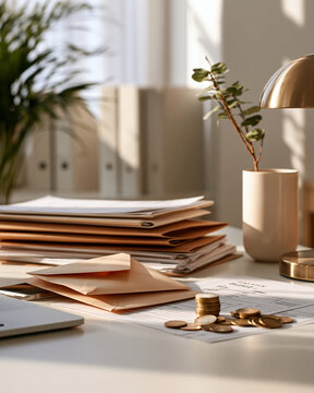 Elegant home admin table with family budget sheets smartphone coins and folders showcasing household finance management and Sunday reset routine