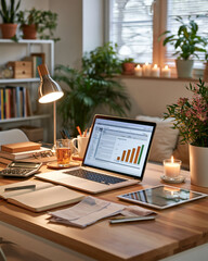 Fototapeta premium Modern home workspace with laptop tablet budget notebook and receipts showcasing household finance routine Sunday reset and subscription audit