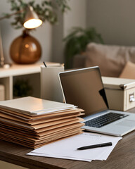Naklejka premium Organized folders with insurance papers laptop pen and secure document box showcasing household financial planning and life admin routine