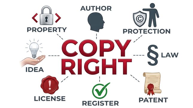 Copyright concept illustration with related legal terms with displays copyright concept diagram terms icons