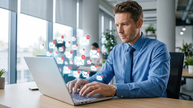 Professional businessman managing email notifications on laptop, corporate worker receiving digital messages in modern office, communication technology concept